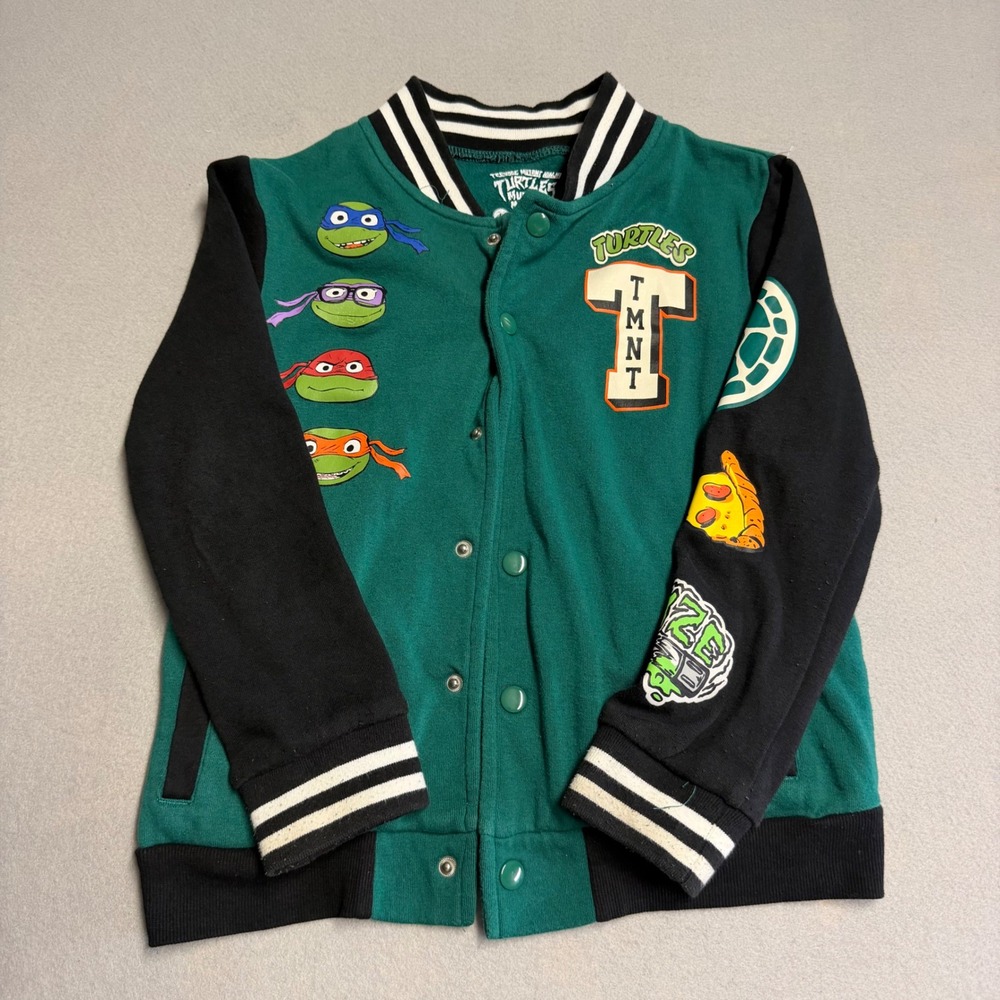 Nickelodeon TMNT Mutant Mayhem Kids Green Varsity Jacket Snap Front Small